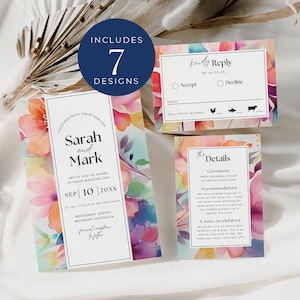 Helle bunte Hochzeitseinladung, SOFORTIGER DOWNLOAD, Florales Einladungsset, Helle Blumen-Einladungspaket, Qr-Code RSVP - EP008