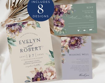 Peony Invitations Wedding Suite, INSTANT DOWNLOAD, Floral Invite Set, Sage Green Wedding Template Bundle, Purple And Pink Peonies - EP011