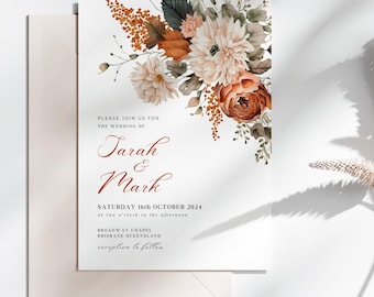 Wedding Invitation Burnt Orange Floral, INSTANT DOWNLOAD, Terracotta Wedding Invite, Boho Floral Decor, Canva Template, Fall Wedding - EP009