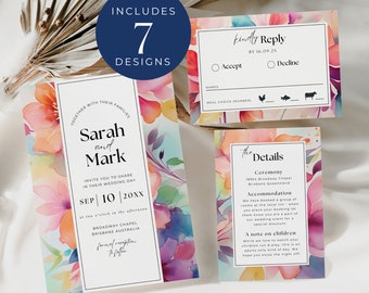 Suite per inviti a nozze colorati e luminosi, DOWNLOAD immediato, set di inviti floreali, pacchetto di inviti con fiori luminosi, codice QR RSVP - EP008