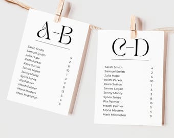 Seating Chart Cards Alphabetical, INSTANT DOWNLOAD, Table Seating Card Template Canva, Wedding Mirror Name Cards 5x7 4x6, Minimalist - EP001