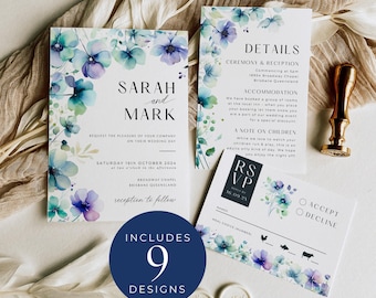 Watercolor Wildflower Wedding Invitation Suite Template, INSTANT DOWNLOAD, Floral Invite, Wishing Well RSVP Card, Abstract Florals - EP005