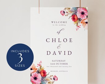 Modelo de placa de boas-vindas floral colorida para casamento, DOWNLOAD INSTANTÂNEO, Modelo Canva, Placa de boas-vindas floral vibrante, Decoração floral alegre - EP013