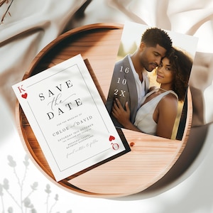Speelkaarten Save The Date, INSTANT DOWNLOAD, Save our Date-fotokaart, Canva-sjabloon voor huwelijksaankondiging, klassiek minimalistisch - EP100