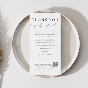 Wedding Thank You Place Card Qr Code, INSTANT DOWNLOAD, Welcome And Thank You Note, Canva Template, Napkin Note, Photo Share, Minimal- EP100