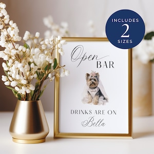 Open Bar hond bruiloft teken, INSTANT DOWNLOAD, Open Bar huisdier teken, drankjes op ons, Bar receptie teken, Canva sjabloon, modern minimalistisch - EP001