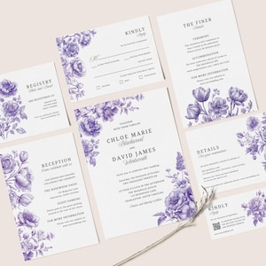 Kit de invitaciones de boda color lavanda, DESCARGA INSTANTÁNEA, Paquete de invitaciones con estampado Toile De Jouy francés, Insertos para invitaciones color lila, Flores moradas - EP018