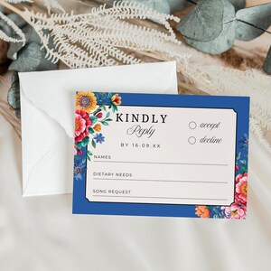 Cartolina di risposta per matrimonio con piastrelle floreali messicane, DOWNLOAD IMMEDIATO, inserto RSVP con piastrelle Talavera, modello per festa spagnola, floreale blu e arancione - EP020