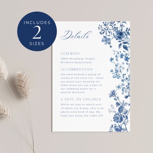 Tarjeta de detalles de boda en toile francés, DESCARGA INSTANTE, Inserto de detalles tradicionales, Detalles de boda algo azul, Plantilla de Canva - EP010