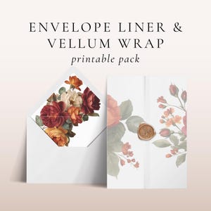 Envoltura de vitela, plantilla para forro de sobre de 5x7, plantilla de vitela para invitaciones DIY, solapas europeas y cuadradas, diseño floral rojo naranja quemado, descarga instantánea - EP027