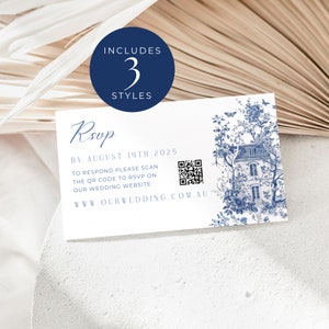 Cartão Rsvp Dusty Blue, DOWNLOAD INSTANTÂNEO, inserção de casamento em Toile francês, cartão de resposta algo azul, modelo Canva, florais em Toile azul - EP010