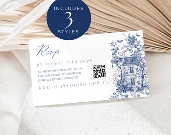 Dusty Blue Rsvp Card, INSTANT DOWNLOAD, French Toile Wedding Insert, Something Blue Reply Card, Canva Template, Blue Toile Florals - EP010