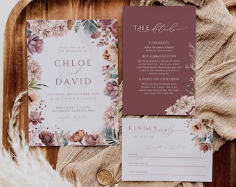Boho Wedding Invitation Suite, INSTANT DOWNLOAD, Floral Invite Bundle, Intimate Wishing Well RSVP, Dusty Pink Burgundy Rustic Florals- EP021