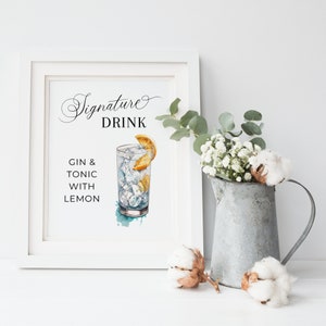 Signature Drinks Sign Gin Tonic, SOFORTIGER DOWNLOAD, Bar Empfang Zeichen, Hochzeit Bar Decor, Canva Template, Modern Minimalist - EP001