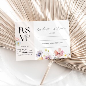 Cartão RSVP com opção de refeição, DOWNLOAD INSTANTÂNEO, Insira uma resposta gentil, Blush Pink Intimate Florals, Aquarela Rosa Roxo, Wildflower - EP016