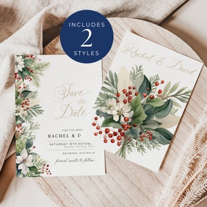 Kerstbruiloft bewaar deze datum INSTANT DOWNLOAD vakantiehuwelijksuitnodiging, afdrukbare bruiloft bewaar deze kaart, kerstbloemen - EP002