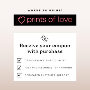 The image is a promotional graphic for a company that sells prints of love. It features a question "Where to Print?" and a list of features that customers can expect when purchasing a print, including designer-reviewed quality, fast professional turnaround, and dedicated customer support.