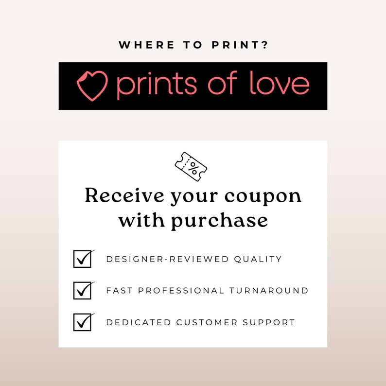 The image is a promotional graphic for a company that sells prints of love. It features a question "Where to Print?" and a list of features that customers can expect when purchasing a print, including designer-reviewed quality, fast professional turnaround, and dedicated customer support.