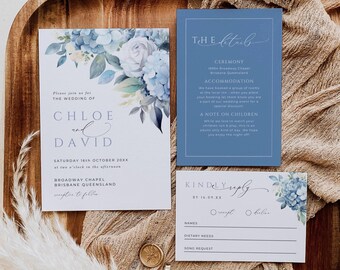 Pacchetto di inviti per matrimonio con ortensia, DOWNLOAD IMMEDIATO, suite di inviti Dusty Blue, Wishing Well RSVP, Something Blue Garden Florals - EP015