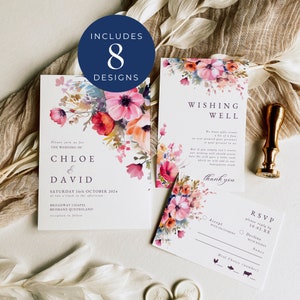 Conjunto de invitaciones florales coloridos, DESCARGA INSTANTE, Invitaciones de boda florales rosas, Pozo de los deseos, Tarjeta QR RSVP, Florales brillantes - EP013