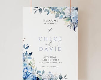 Blue Hydrangea Wedding Welcome Sign, INSTANT DOWNLOAD, Welcome To Our Wedding Sign Dusty Blue, Intimate Elegant Decor, Hydrangeas - EP015