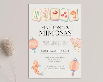 Mahjong Invitation Canva, INSTANT DOWNLOAD, Girls Night Invitation Template, Games Party Invite, Mahjong And Mimosas, Mahjong Tiles - EP017