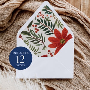 Envelope Liner Template 5x7, SOFORTIGER DOWNLOAD, A7 Euro Flap Template, Winterhochzeit, Winterhochzeit, Stechpalme und Weihnachtsstern Rot Grün - EP002