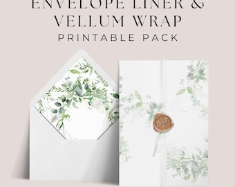 Perkamentpapier wrap, 5 x 7 envelop voeringsjabloon, INSTANT DOWNLOAD, DIY perkament uitnodiging overlay, euro en vierkante flap, botanisch groen - EP012