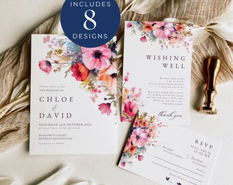 Conjunto de invitaciones con flores coloridas, DESCARGA INSTANTÁNEA, invitaciones de boda florales en rosa fucsia, pozo de los deseos, tarjeta de confirmación de asistencia con código QR, flores brillantes - EP013