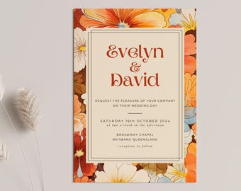 Wedding Invitation Details Burnt Orange Floral, INSTANT DOWNLOAD, Retro Wedding Invite, Vintage Vibes Decor, Canva Template, Rust - EP009