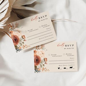 Faire-part de mariage Rsvp floral orange brûlé, TÉLÉCHARGEMENT IMMÉDIAT, carte RSVP avec icônes d'options de repas, exigences diététiques, Boho Qr Code - EP009