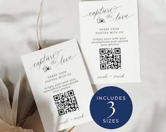 Capture The Love ウェディング QR コード カード、即時ダウンロード、ウェディング QR コード フォト カード、Share The Love、Canva テンプレート、ミニマリスト - EP001