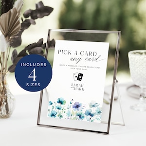 Letrero para libro de invitados de boda de naipes, DESCARGA INSTANTE, Baraja de cartas personalizada, Plantilla de Canva, Florales azules polvorientos, Florales abstractos - EP005