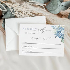 Wedding Rsvp Card With Food Option, INSTANT DOWNLOAD, Kindly Reply Insert, Song Request, Rehearsal Dinner Canva, Blue Hydrangea - EP015