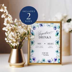 Customizable Signature Drink Sign, INSTANT DOWNLOAD, Wedding Bar Sign, Custom Drink Sign, Reception Bar Menu, Abstract Blue Florals - EP005