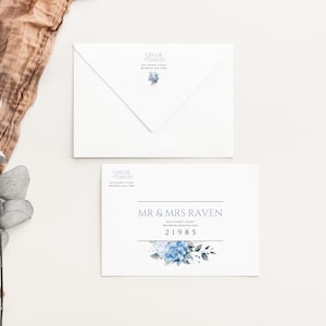 Modèle d&#39;adresse bleu poussiéreux, TÉLÉCHARGEMENT IMMÉDIAT, modèle d&#39;adresse d&#39;enveloppe 5 x 7, étiquettes d&#39;invitation de mariage, adresse de retour, décor hortensia - EP015
