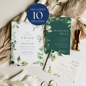 Hochzeitseinladung mit smaragdgrünem Grün, SOFORTIGER DOWNLOAD, bearbeitbares Einladungsset mit Blättern, gut bearbeitbare Einladungskarte, Greenery Decor - EP012