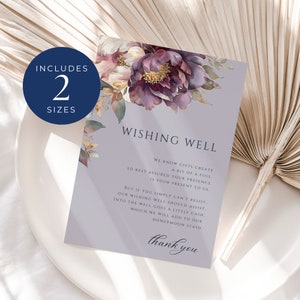 Inserção de convite de casamento dos desejos, download instantâneo, inserção de bolsa de boas-vindas, cartão dos desejos, modelo Canva, florais de peônias roxas - EP011