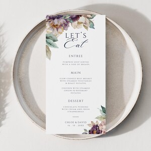 Brautbrunch Blumenmenü, SOFORTIGER DOWNLOAD, Lets Eat Menü, Hochzeitsauswahl Menükarte Vorlage, Frühlingsblumen, Lila Pfingstrose - EP011