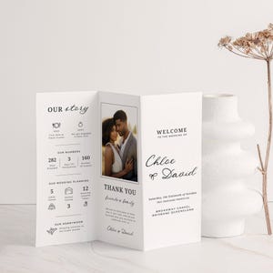 Trifold Wedding Program Template Handdrawn, INSTANT DOWNLOAD, Minimalist Infographic Folded Booklet Photo, Fun Facts, Order Of Events- EP101