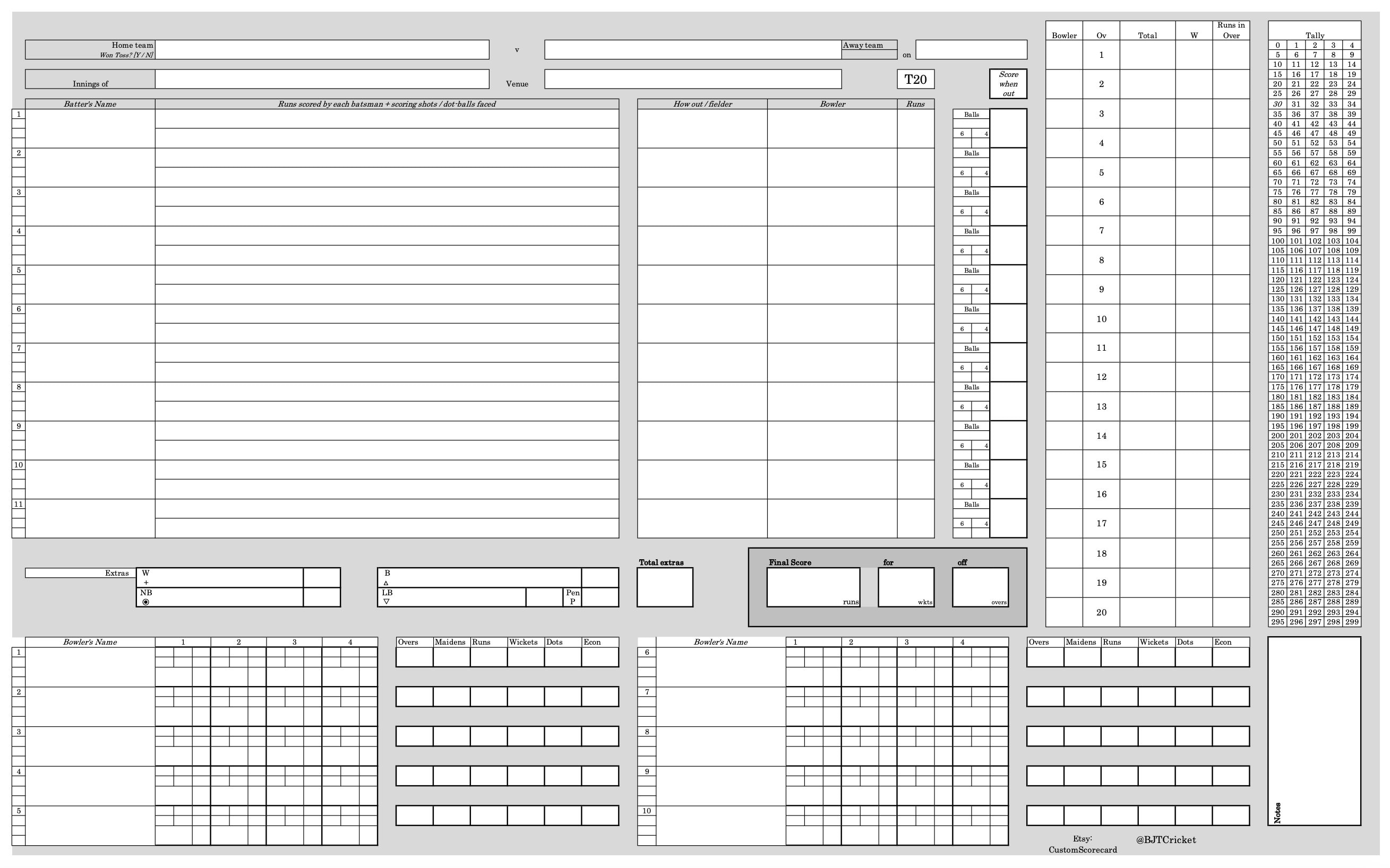 PRINTABLE T20 Cricket Scorecard ORIGINAL FORMAT - Etsy