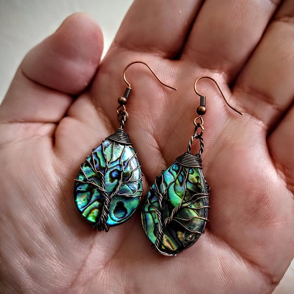 Tree of Life Dangle Earrings with Abalone Shell, Antique Copper Wire, Eclectic and Tasteful Gift for Her, Bohemian, Unique, Minimalist