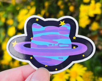 Cat Planet Sticker - Space Cat Glossy Sticker Starry Cat Decal Gift for Cat Lover Space Waterproof Sticker for Waterbottle Decal for Laptop
