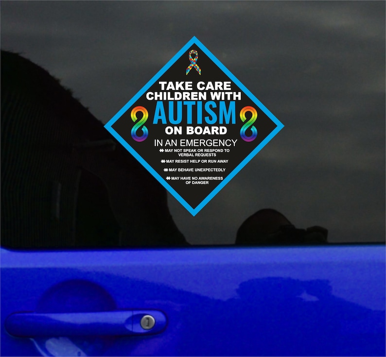 May include: Blue diamond-shaped car sticker with a rainbow infinity symbol and the text "Take care children with autism on board".  The sticker also includes information about how children with autism may behave in an emergency.