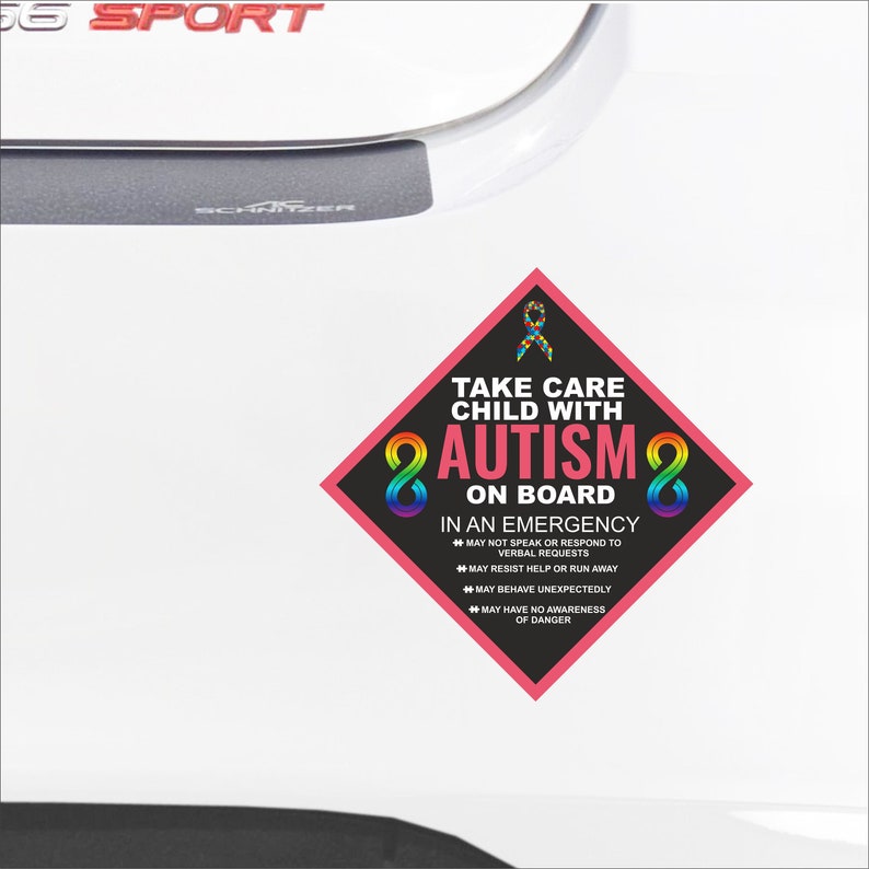 May include: A pink diamond-shaped car sticker with a black background and a rainbow infinity symbol on each side. The sticker reads "Take Care Child With Autism On Board" and includes a rainbow ribbon symbol. The sticker also includes a list of important information for drivers to be aware of when encountering a child with autism.
