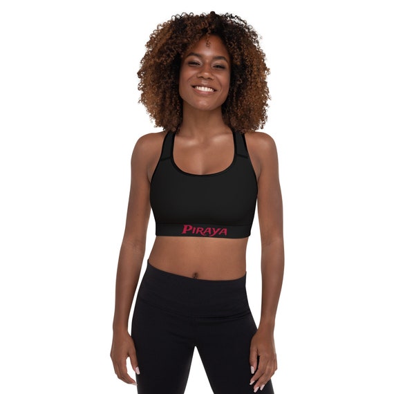 Black Padded Sports Bra with Piraya print, Other than toning up on size a padded bra also adds shape to your form