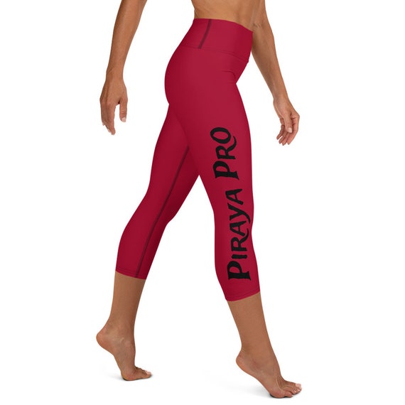 Red Yoga Capri Leggings with Piraya Pro print, they are designed for comfort, elasticity and softness. Can be worn as stand-alone garments