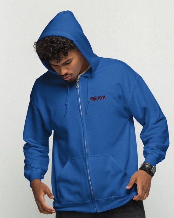 Unisex heavy blend zip hoodie, embroidered with Piraya name, A hoodie is a sweatshirt with a hood