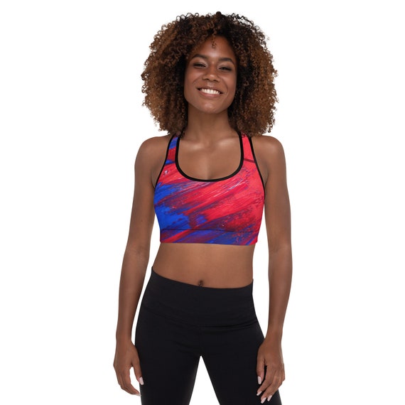 Blue and Red splashed Padded Sports Bra, Other than toning up on size a padded bra also adds shape to your form