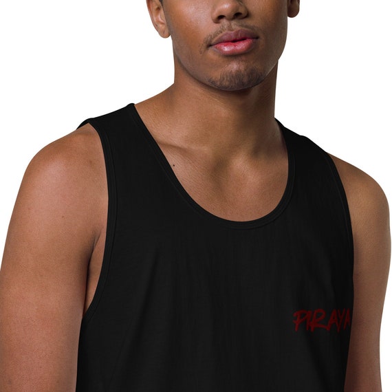 Men’s black tank top marked with Piraya , a shirt that covers the upper part of the body but not the arms and is pulled on over the head